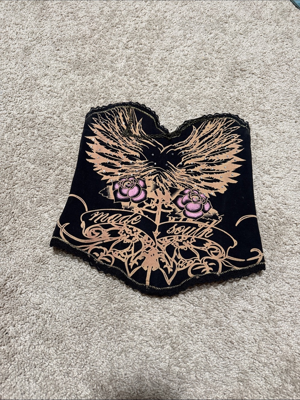 Ed Hardy Black Strapless Graphic Corset Top with Tan Wings & Pink Roses